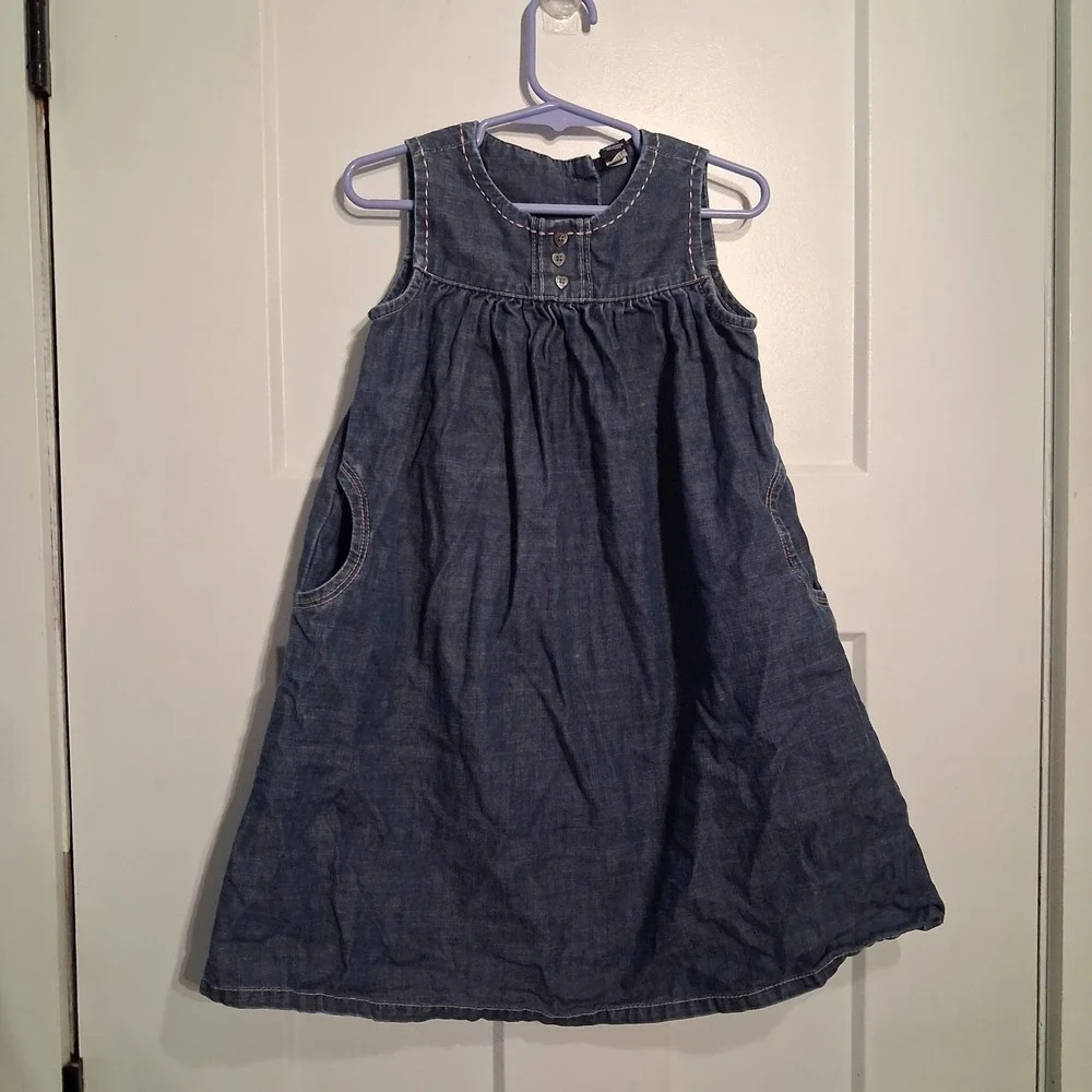 Vintage Baby Gap Toddler Girls Denim Chambray Dress Heart Buttons Pink Stitching